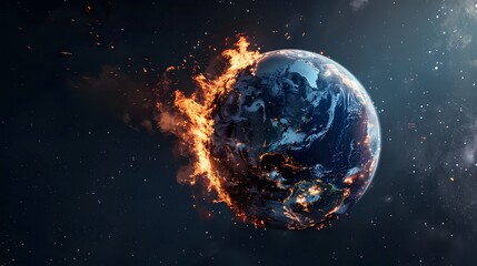 Global warming concept planet earth engulfed in flames, climate change apocalypse, fiery destruction in space