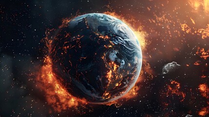 Global warming concept planet earth engulfed in flames, climate change apocalypse, fiery destruction in space