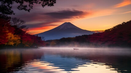 Epic Sunset Over Mount Fuji: A Tranquil Scene Featuring Reflections in Misty Waters and Vibrant Autumn Colors, Capturing the Serene Beauty of Nature in Japan&rsquo;s Majestic Landscape