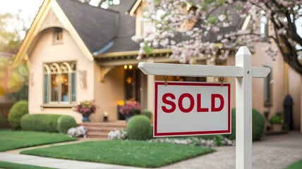 Obraz premium Charming House with 'Sold' Sign: A Beautifully Landscaped Home Surrounded by Blossoming Trees, Perfectly Capturing the Essence of Successful Real Estate Transactions and New Beginnings