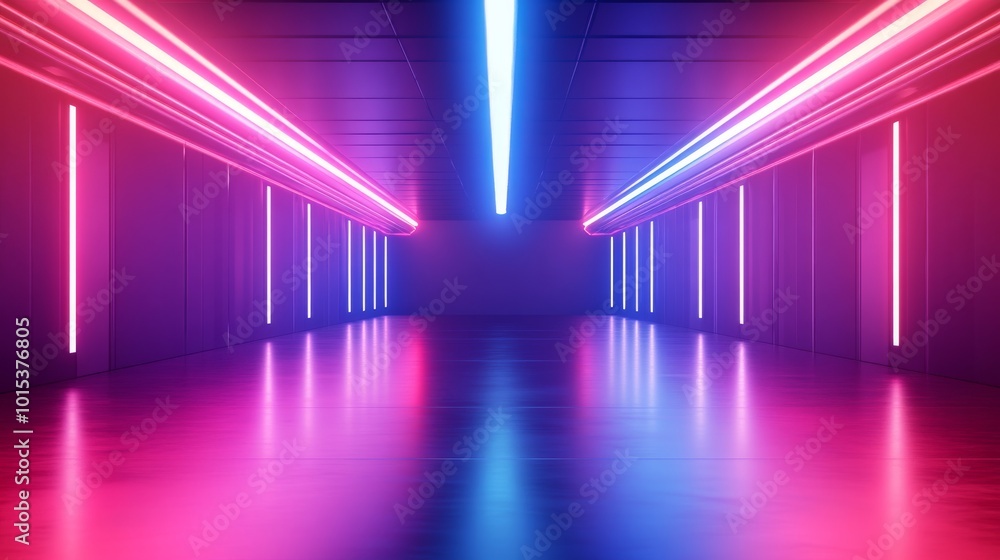 Poster a symmetrical, high-tech tunnel features metallic walls adorned with intricate details and vibrant n