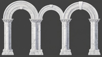 Fototapeta premium Realistic 3D set of ancient marble arches isolated on transparent background. Vector illustration of ancient Roman and Greek style architecture design elements, archway decoration for classic palace.