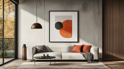 Realistic frame mockup against a modern living room wall, showcasing ISO A paper size. The stylish interior design features a house background, creating a captivating display for posters and artwork.