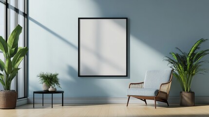 Realistic frame mockup against a modern living room wall, showcasing ISO A paper size. The stylish interior design features a house background, creating a captivating display for posters and artwork.