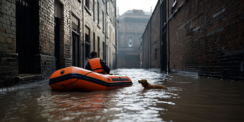 A man in an orange life jacket is in a boat in a flooded street