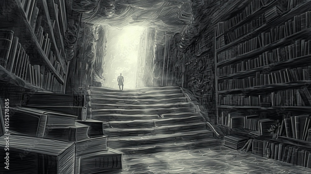 Poster a solitary figure walks up steps surrounded by towering shelves of books towards a bright light. the