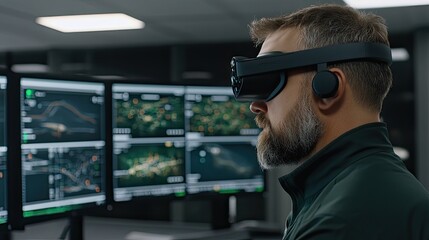 In a dark office environment, a man with a beard explores virtual reality through a headset, interacting with digital screens while working on a laptop, showcasing modern gaming technology