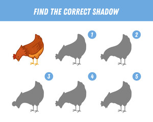  Find correct shadow of cute chicken. Educational logical game for children. Cartoon chicken. Cute farm hen. Worksheet for education. Vector illustration