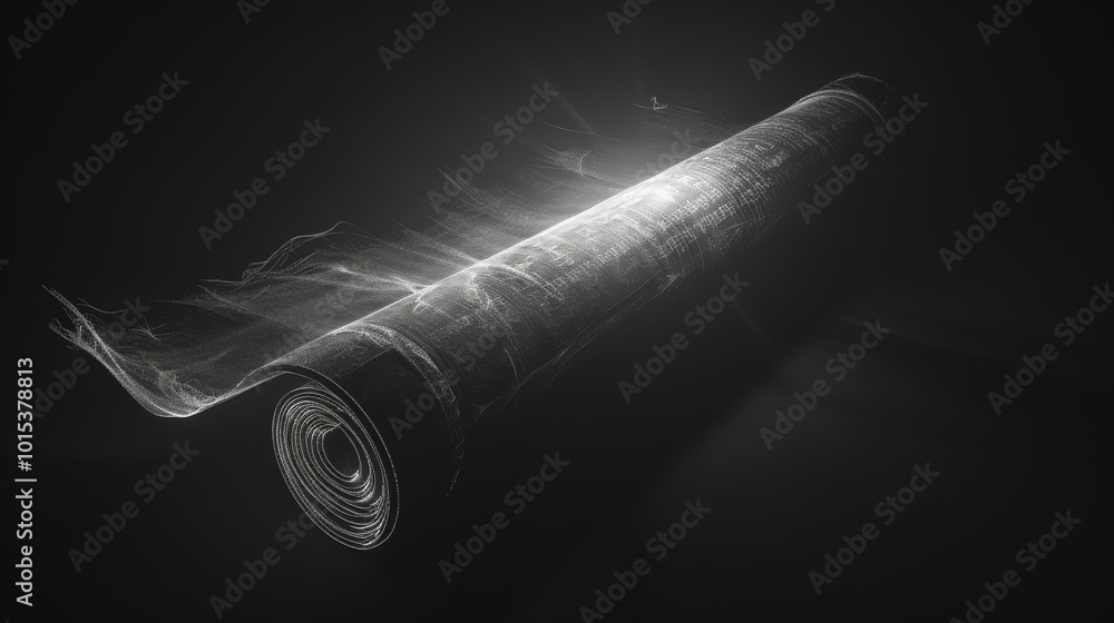 Poster a tightly rolled ancient scroll, glowing softly with white light, set against a minimalist dark back