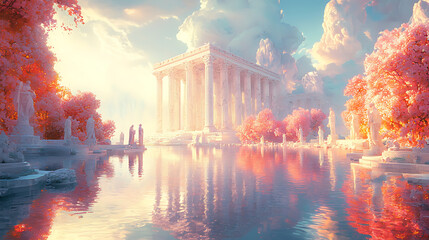 Majestic Grecian Temple in a Dazzling Garden