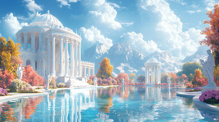 Majestic Grecian Temple in a Dazzling Garden