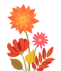 Fall bouquet autumn leaves and flowers. Beautiful autumnal foliage floral composition. Abstract orange autumn blooms - dahlia, marigold, chrysanthemum, cosmos. Simple fall graphics hand drawn.