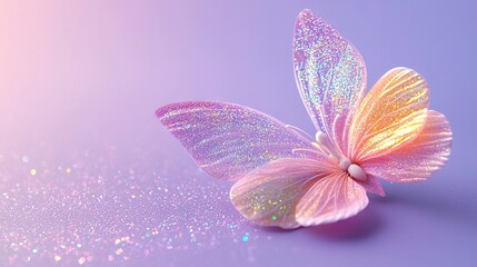 Fototapeta premium A pink and yellow butterfly is sitting on a purple and pink background with glitter wings