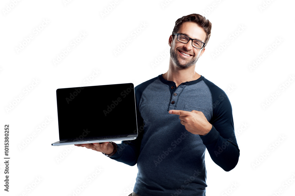 Poster Laptop, screen and portrait of man in studio for erp promo, software design or online space. Smile, presentation and happy developer with website for connection, search or offer on white background