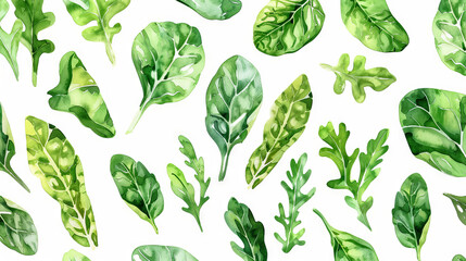 Watercolor art of pattern with a mix of leafy greens such as spinach, arugula, kale on a white background. Concept of healthy eating, fresh vegetables, natural food ingredients, culinary design