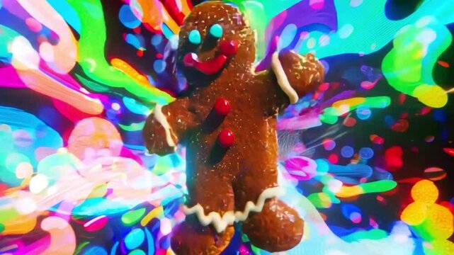 Gingerbread man neon glow 4k video. Ginger bread, cookie, biscuit. Animation in neon style for topics like Christmas, dessert, bakery Merry Christmas