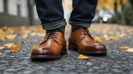 Elegant Autumn Stroll in Warm Leather Shoes Among Fallen Leaves on a Quaint Cobblestone Street