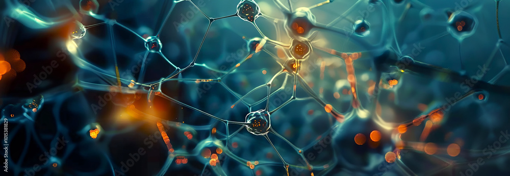 Poster abstract molecular and chemical pattern with interconnected glowing nodes and lines. concept of scie
