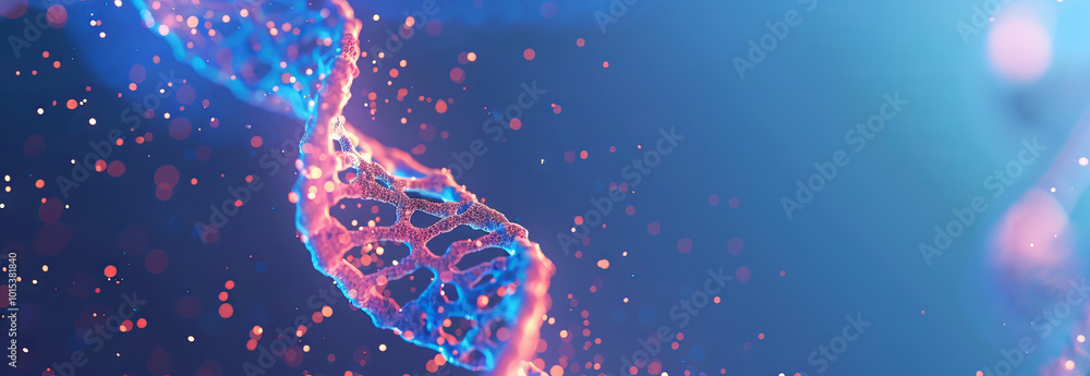 Poster abstract dna strands in a blue gradient with sparkling particles. concept of genetic research, molec