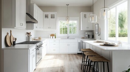 A spacious kitchen features bright white cabinets, a sleek countertop, and wooden bar stools at the dining area
