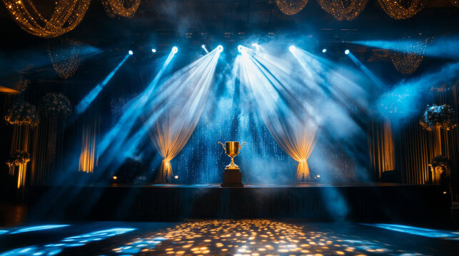 A dazzling stage with a spotlight shining on a trophy.  This luxurious setting is perfect for a glamorous event, like a wedding or a special celebration.