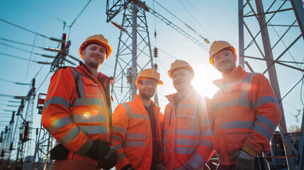 Group of power engineers and technicians in protective helmets at electrical substation with high-voltage power lines. Teamwork, power engineering, industrial construction, electrical supply