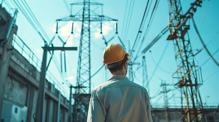 Rear View of Caucasian Man in Safety Helmet Inspecting Power Lines at a Power Plant. Concept of Electrical Engineering, Infrastructure Development, Safety in Industrial Workplaces