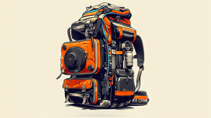 Illustration of a fully equipped travel backpack with multiple compartments and accessories on an off-white background. Concept of adventure gear, hiking essentials, and outdoor equipment