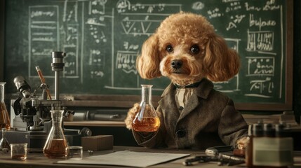 A brown poodle wearing a brown suit sits in front of a blackboard covered in scientific equations. The poodle holds a beaker containing a dark liquid. The poodle is looking at the beaker