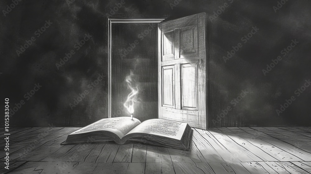 Poster a grayscale image depicting an open book with a subtle smoke trail rising from its pages and an open