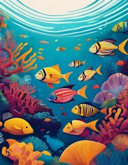Naklejka premium Colorful fish swim in coral reef