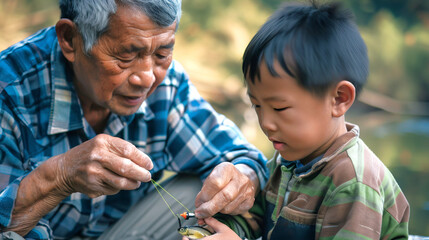 Asian grandfather teaching his grandson fishing outdoors by Riverbank. Concept of family bonding, generational knowledge sharing, nature activities, intergenerational learning, Generational Connection