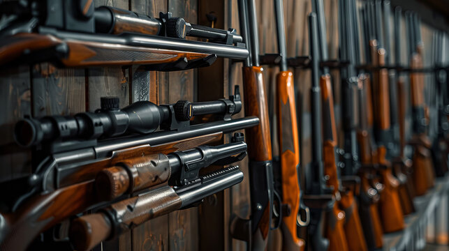 Variety of Modern Rifles and Pistols on Display in a Gun Store - Concept of Firearms, Weapon Selection, Tactical Gear