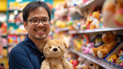 Smiling Man holding a plush bear in a toy store, choosing a toy for purchase or as a gift. Concept of gift selection, toy shopping, joyful shopping experience, and positive emotions