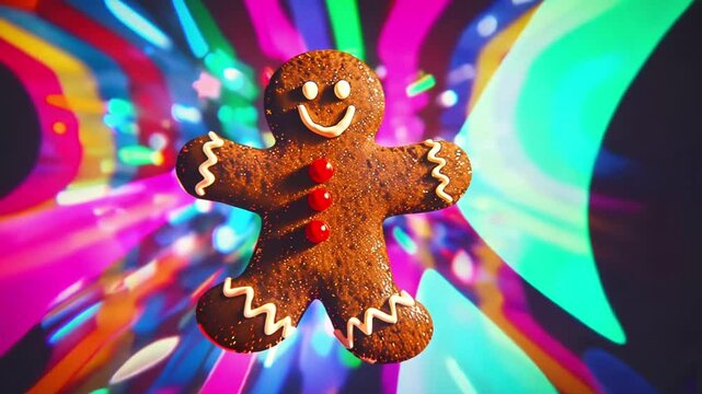 Gingerbread man neon glow 4k video. Ginger bread, cookie, biscuit. Animation in neon style for topics like Christmas, dessert, bakery Merry Christmas