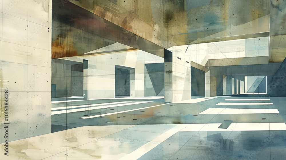 Poster abstract watercolor architectural illustration of a modern concrete building with large columns and 
