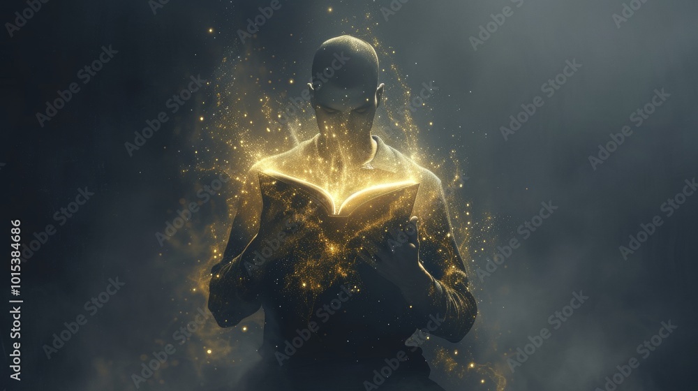 Poster a captivating digital illustration of a man reading a book that emits golden light and sparkles. the