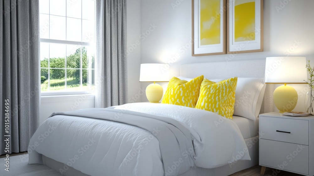Aufkleber a bright and welcoming bedroom features a neatly made bed with yellow accent pillows. soft curtains 