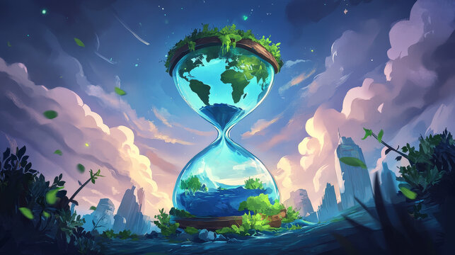 "A conceptual illustration featuring the world inside an hourglass, symbolizing the passage of time and its impact on global events."






