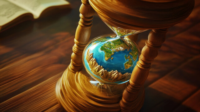 "A conceptual illustration featuring the world inside an hourglass, symbolizing the passage of time and its impact on global events."






