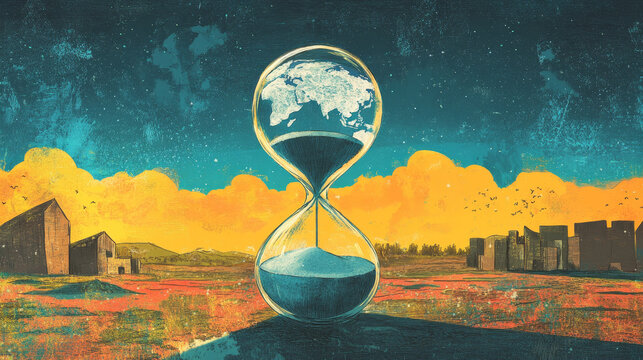 "A conceptual illustration featuring the world inside an hourglass, symbolizing the passage of time and its impact on global events."






