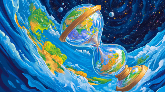 "A conceptual illustration featuring the world inside an hourglass, symbolizing the passage of time and its impact on global events."






