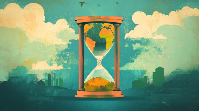 "A conceptual illustration featuring the world inside an hourglass, symbolizing the passage of time and its impact on global events."






