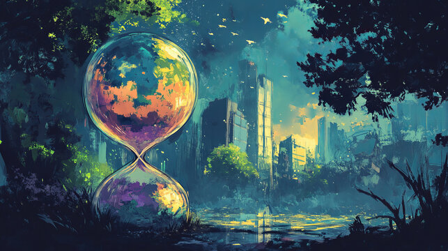 "A conceptual illustration featuring the world inside an hourglass, symbolizing the passage of time and its impact on global events."






