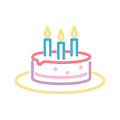 neon birthday cake with burning blue candles
