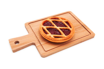 Freshly baked delicious pie with fruit filling on wooden board isolated on white background. Bakery products.