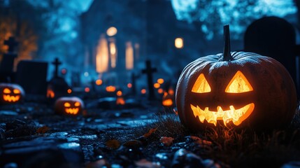 Obraz premium Jack O' Lanterns in a Haunted Graveyard on a Spooky Night