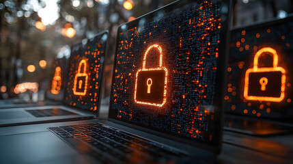Set of three laptops with digital padlocks as a symbol for cyber security and data protection, isolated