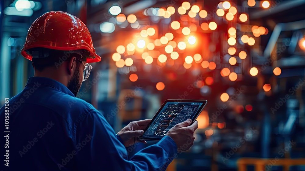 Poster worker using tablet in an industrial setting with blurred lights.