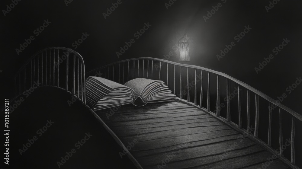 Poster a surreal scene of a bridge at night with an open book lying on it and a glowing lantern casting sof